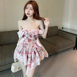 Vevesc Summer Lace Flower Print Off Shoulder Dress Slim Waist Fit Skirt Sexy Girl Ruffles Irregular Design Holiday Beach Photos Dress