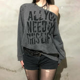 Vevesc Punk American Rivet Nail Off The Shoulder Shirts High Street Letter Print All Match Loose Tops Y2k Aesthetic Vintage Clothes