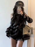 Vevesc Gothic Streetwear Striped Knitted Sweater Women Harajuku Punk Hollow Out Jumper Hole Loose All-match Tops Grunge E-girl