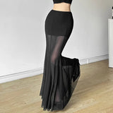 Vevesc Black Mesh Long Skirts Women Transparent Patchwork High Waisted Hip Wrap Skirts Coquette Party Slim Fit Sexy Club Skirt