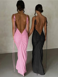 Vevesc Spaghetti Strap Backless Ruched Maxi Dress For Women Robe Sleeveless Wrap Hip Bodycon Party Long Dress Vestidos