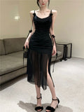 Vevesc  Sexy 3D Flowers Suspender Party Dress Women Sleeveless High Waist Slim Folds Mesh Mid Length Evening Dresses Elegant