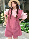 Vevesc  Dopamine Matching Sets Flare Sleeve Single Breasted Shirts Irregular Overall Shorts Ruffles Patchwork Summer Women Clothing