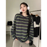 Vevesc Harajuku Striped T Shirts Women Streetwear Oversized Casual Tops Vintage Korean Spring Autumn Long Sleeve Pullovers Tops