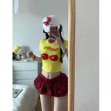 Vevesc American Sweet High Street O Neck Short Sleeve Tops Fresh Popular Fruit Print Short Base Girl Clothes Y2k Aesthetic Punk Tees