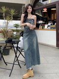 Vevesc Spring Summer Sleeveless Strapless Jeans Dresses Fashion Off Shoulder Slim Vintage Long Denim Dress Female