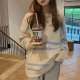 Vevesc Preppy Style V Neck Striped Pullovers Sueter Mujer   Sweet Contrast Color Korean Women Sweaters Y2k Casual Chic