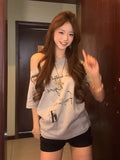 Vevesc  American Fashion Sexy Off The Shoulder Harajuku T Shirts Loose Office Lady Punk Streetwears Y2k Aesthetic Letter Print Tops