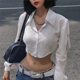 Vevesc Y2K 2000S Cropped White Shirts Women Sexy Hollow Out Long Sleeve Blouses Summer Streetwear Korean Slim Chic Crop Tops New