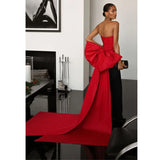 Vevesc Couture Black&Red Stretchy Long Evening Dresses With Big Bow Strapless Fashion Formal Party Dress Maxi Gowns