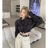 Vevesc Streetwear Black Shirts Women Y2K Long Sleeve White Crop Tops Office Lady Korean Fashion Pockets Single Breasted Blouses