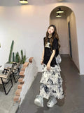 Vevesc Fashion Sweet Ink Printed Skirt for Women Y2k Irregular High Waist Faldas Mujer 2024 Early Autumn New Mid-length Skirts