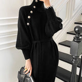 Vevesc Elegant Knitted Midi Dress Women Vintage Turtleneck Sweater One Piece Dresses Winter Korean Black Lace Up Chic Vestidos