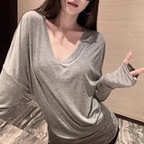 Vevesc Lazy American Y2k Aesthetic Punk V Nack Casual Tops Solid Pleated Side Slim Draped Women Clothes Harajuku Korean All Match Shirt