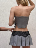 Vevesc  Lace Patchwork 2-Piece Set Women Lace-Up Wrap Sleeveless Backless Mini Tops+Sweet Draps Skirts Matching Fashion Suits