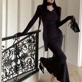 Vevesc Korean V-neck Pleated Sexy Elegant Long-sleeved Dress Women 2024 Spring New High Street Solid Color Mid-length Dress with Scarf