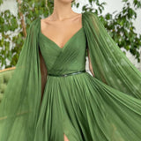 Vevesc Elegant Green Chiffon Deep V-Neck Dubai Arab Evening Dress A-line Shawl Sleeves Formal Occasion Prom Dresses 2024 For Women
