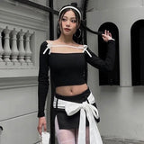 Vevesc Black Top Y2k Cute Sexy Bow Tie Square Neck Backless Long Sleeve Tshirts Korean Fashion Crop Tops Spring