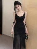 Vevesc  Sexy 3D Flowers Suspender Party Dress Women Sleeveless High Waist Slim Folds Mesh Mid Length Evening Dresses Elegant