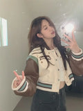Vevesc American Patchwork Bomber Jackets Retro Short Y2k Women Preppy Style Outerwear Long Sleeve Letter Contrast Color Coats O Neck