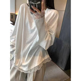 Vevesc New Korean Lazy O Neck Long Sleeve All Match T Shirts Fairy Patchwork Lace Moda American Y2k Aesthetic Clothes Solid Girl Tops