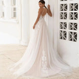Vevesc Boho A Line Halter Wedding Dress For Brides 2024 Vintage Lace Appliques Backless Tulle Bridal Dress Women Bridal Gowns