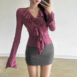 Vevesc New Autumn Ruffle Vintage Harajuku Hole Shirts Y2k Aesthetic Solid Streetwear Long Flare Sleeve Blouse Punk Korean Clothes