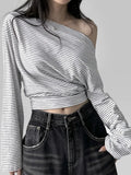 Vevesc Vintage Simple Crop Tshirts Y2k Aesthetic Striped Slash Neck Grunge T-shirt Harajuku Autumn Casual Loose Tops Streetwear