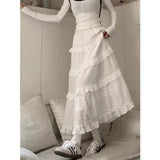 Vevesc White Y2K Japanese Lace Cake Ruched Patchwork Mid-Calf High Waist Ruffles Skirts A-line Women Sweet Elegant Skirt Korean Chic