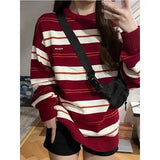 Vevesc Japanese Vintage Red White Striped Sweater Knitted Sueter Mujer Women Tops Y2k Pullovers O Neck Long Sleeve Casual Street