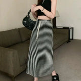 Vevesc Oversize Mid-length Loose Dress For Women Y2k Grunge High Waist Drawstring Skirts 2024 Summer New Striped Faldas Mujer