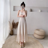 Vevesc Elegant Striped Midi Dress Women Mesh Patchwork Spaghetti Strap One Pieces Dresses Korean Slim A Line Vestidos Spring Summer New