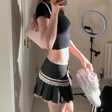 Vevesc American Sweet Constrast Color Pleated Skirts Y2k Aesthetic Harajuku Punk Side Buttons Short Skirt Vintage Striped Girl Bottom