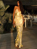 Vevesc Elegant Ladies V-Neck Spaghetti Strap Gilding Backless Maxi Dress Women Fashion Luxury Slim Beach Holiday Outfits