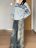 Vevesc Womens Jeans High Waist Vintage Straight Y2K Denim Pants Streetwear American Graffiti Hand Drawn Wide Leg Baggy Denim Trouser