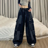 Vevesc American Vintage Washed Street Jeans for Women Y2k Grunge Loose Wide Leg Pants 2024 Spring New Blue Straight Trousers