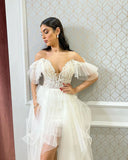 Vevesc Ivory Evening Dresses Lace Appliques Off The Shoulder Wedding Party Leg Slit A-line Formal Dresses Bridal Gowns