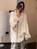 Vevesc V Neck Casual Lazy Japanese Sweet Solid Knitted Sweaters Women Long Sleeve Sueter Mujer Y2k Pullovers Elegant Harajuku