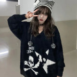 Vevesc Sweet Cool American Popular Preppy Style Sweaters Gothic Y2k Aesthetic All Match Loose Print Jumpers Lazy High Street Pullovers