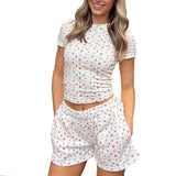 Vevesc  Floral/Bow Print Lounge Outfit Short Sleeve T-Shirt Tops + Elastic Waist Shorts Women Casual 2 Piece Set Sweet Cute Streetwear