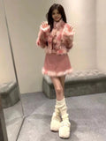 Vevesc Y2k Aesthetic Two Pieces Set Contrast Color Grunge Fur Cropped Pink Jacket + Vintage Slim Waist Tunic Sexy Bandage Mini Skirts