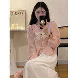 Vevesc S-3Xl Elegant Bow Shirts Women Sweet Pink Puff Long Sleeve Blouses Korean Fashion White V Neck Pearl Buttons Crop Tops New