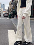 Vevesc Casual Women White Flared Trousers Summer Vintage High Waist Button-up Pants Solid Color Female Chic Bottoms