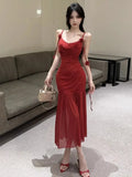 Vevesc  Sexy 3D Flowers Suspender Party Dress Women Sleeveless High Waist Slim Folds Mesh Mid Length Evening Dresses Elegant