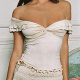 Vevesc 90s Vintage Kink V Neck Crop Tops Fairy Cottage Ruffles Off Shoulder T-shirt Chic Women Backless Slim Fit Tee Shirt Y2K Clothes