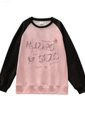 Vevesc Patchwork Contrast Color Letter Print O Neck Hoodies Vintage Fashion Casual Women Y2k Tops Harajuku Grunge Oversized Sweatshirts