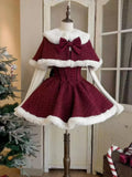 Vevesc Japanese Sweet Lolita Dress Set Women Kawaii Bow Plush Shawl Short Jackets Party Mini Dress Suit Christmas New Year 3 Piece Set