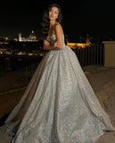 Vevesc Bling Bling Gray Long Evening Dresses With A Corset Bustier Sweetheart A-line Long Sparkle Formal Dress Maxi Gowns