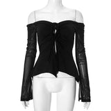 Vevesc  Slash Neck Lace-Up Shirts For Women Sexy Mesh Y2k Top Fashion Drop Sleeves Aesthetic Clothes Solid Casual Long Sleeve T Shirts