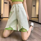 Vevesc Fashion Green Straight Denim Shorts For Women Summer Thin Hole Short Jeans New High Waist Five-point Pants